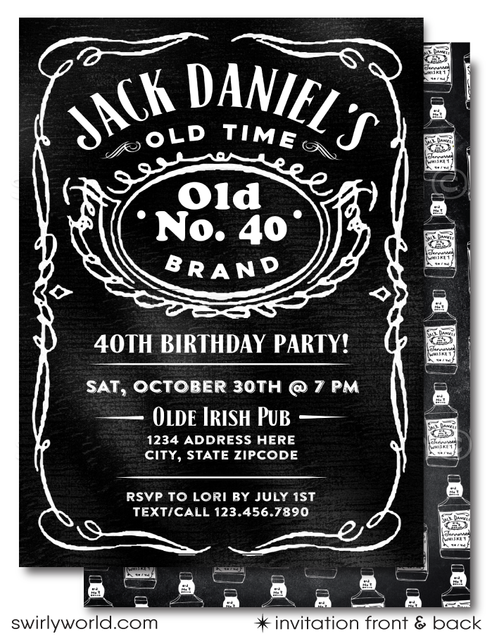 This exclusive digital invitation and thank you card design draws inspiration from the iconic Jack Daniel's Whiskey label, designed specifically with the distinguished gentleman in mind. The sophisticated typography and layout, mirroring the legendary whiskey's label, elevate your birthday invitation to an artifact of fine taste and memorable celebration.