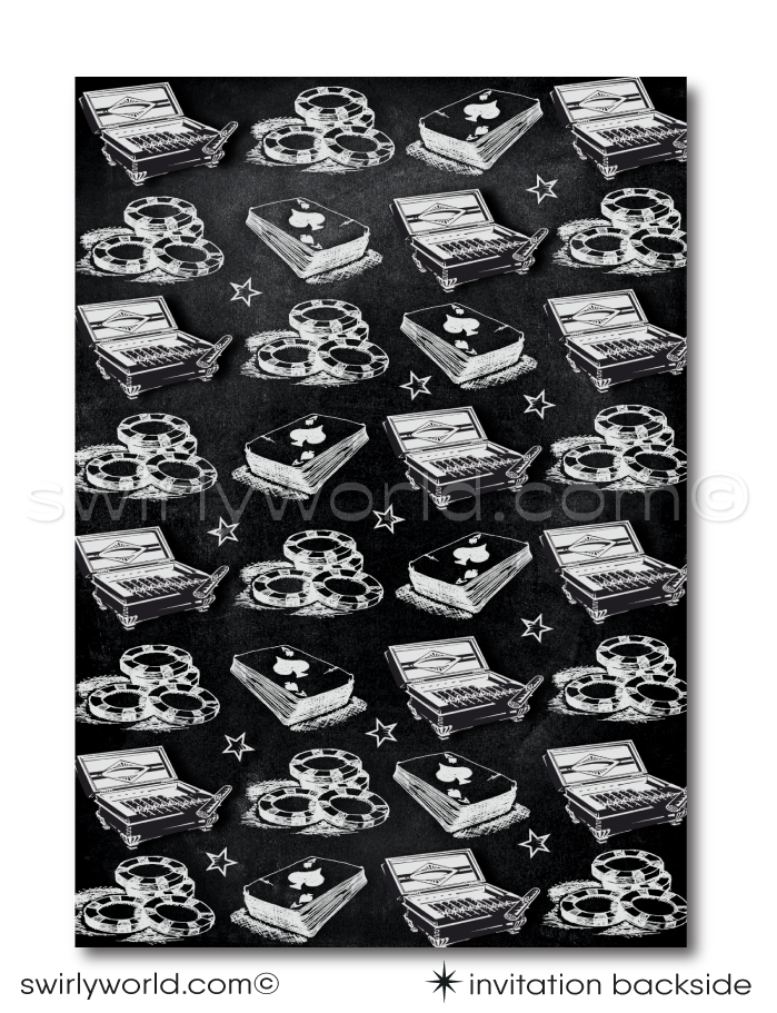 Dive into the classic vibe of old-school charm with our Vintage Chalkboard Poker and Cigar Party Invitation and Thank You Card digital design set, crafted especially for a dude celebrating his&nbsp; 21st, 40th, 50th, 60th, 70th and beyond! This set brings together the sophisticated worlds of poker and cigars, creating the perfect atmosphere for a milestone birthday bash that's both refined and relaxed.