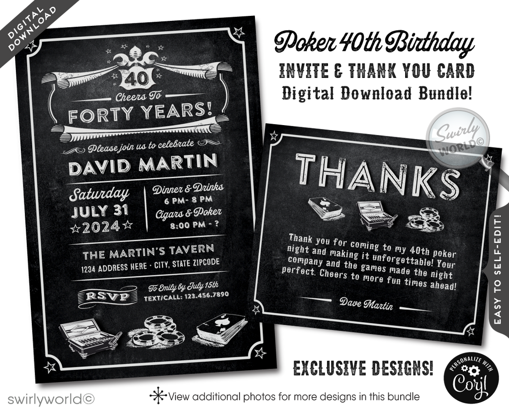 Dive into the classic vibe of old-school charm with our Vintage Chalkboard Poker and Cigar Party Invitation and Thank You Card digital design set, crafted especially for a dude celebrating his&nbsp; 21st, 40th, 50th, 60th, 70th and beyond! This set brings together the sophisticated worlds of poker and cigars, creating the perfect atmosphere for a milestone birthday bash that's both refined and relaxed.