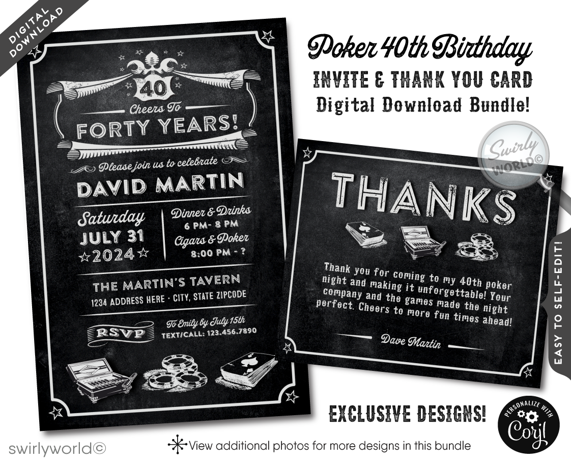 Dive into the classic vibe of old-school charm with our Vintage Chalkboard Poker and Cigar Party Invitation and Thank You Card digital design set, crafted especially for a dude celebrating his&nbsp; 21st, 40th, 50th, 60th, 70th and beyond! This set brings together the sophisticated worlds of poker and cigars, creating the perfect atmosphere for a milestone birthday bash that's both refined and relaxed.