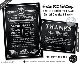 Dive into the classic vibe of old-school charm with our Vintage Chalkboard Poker and Cigar Party Invitation and Thank You Card digital design set, crafted especially for a dude celebrating his&nbsp; 21st, 40th, 50th, 60th, 70th and beyond! This set brings together the sophisticated worlds of poker and cigars, creating the perfect atmosphere for a milestone birthday bash that's both refined and relaxed.