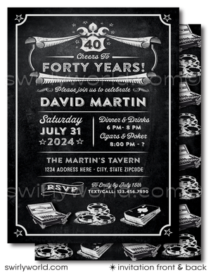 Dive into the classic vibe of old-school charm with our Vintage Chalkboard Poker and Cigar Party Invitation and Thank You Card digital design set, crafted especially for a dude celebrating his&nbsp; 21st, 40th, 50th, 60th, 70th and beyond! This set brings together the sophisticated worlds of poker and cigars, creating the perfect atmosphere for a milestone birthday bash that's both refined and relaxed.