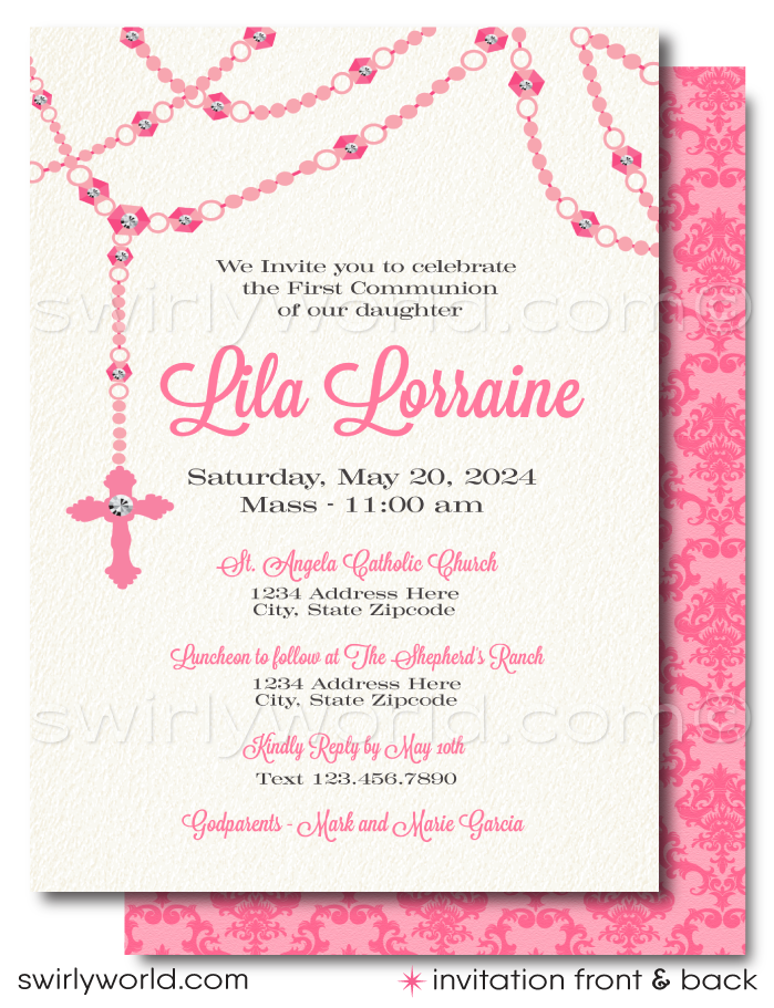 Celebrate your daughter's First Holy Communion, Baptism, Confirmation with our exquisite invitation set, featuring a delicate and meaningful design. Our printed set offers invitations, thank you cards, and matching envelopes, all adorned with a beautiful pink rosary cross necklace design.