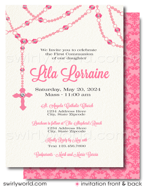 Celebrate your daughter's First Holy Communion, Baptism, Confirmation with our exquisite invitation set, featuring a delicate and meaningful design. Our printed set offers invitations, thank you cards, and matching envelopes, all adorned with a beautiful pink rosary cross necklace design.