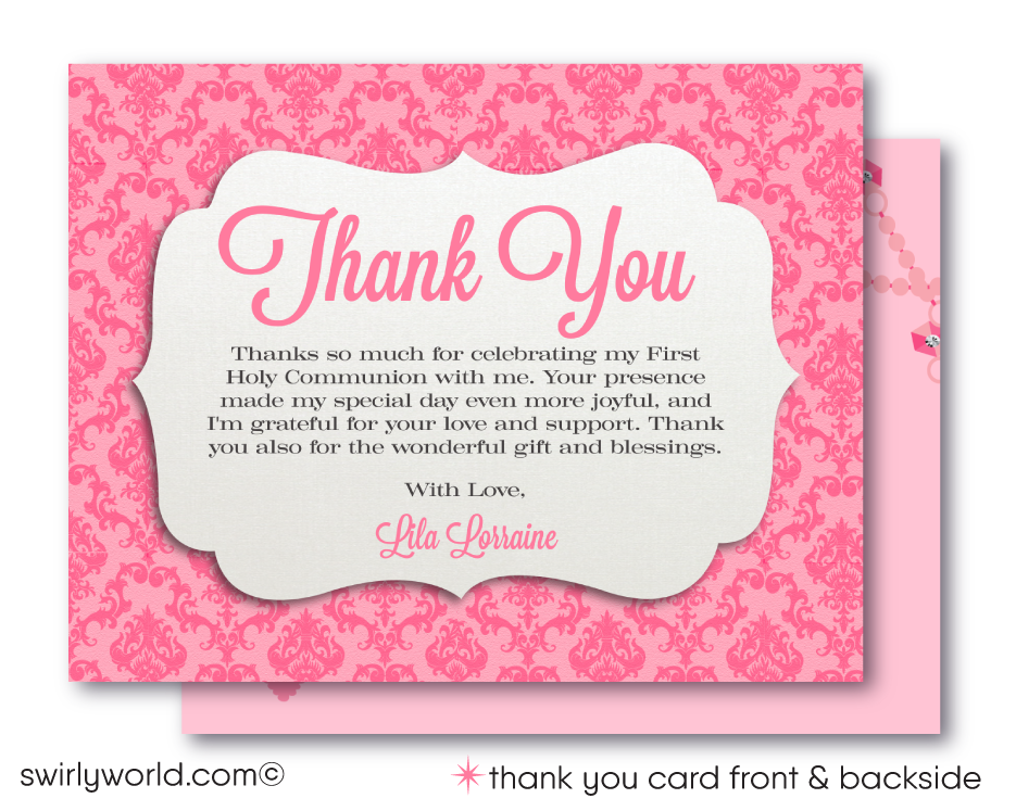 Celebrate your daughter's First Holy Communion, Baptism, or Confirmation with our exquisite digital downloadable invitation set, featuring a delicate and meaningful design. Our digital Communion set offers invitations, thank you cards, and matching envelopes, all adorned with a beautiful pink rosary cross necklace design.