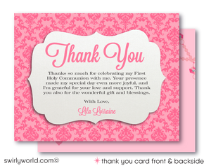 Celebrate your daughter's First Holy Communion, Baptism, Confirmation with our exquisite invitation set, featuring a delicate and meaningful design. Our printed set offers invitations, thank you cards, and matching envelopes, all adorned with a beautiful pink rosary cross necklace design.