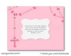 Vintage Style Pink Rosary Cross First Holy Communion Invitation Set - Baptism & Confirmation