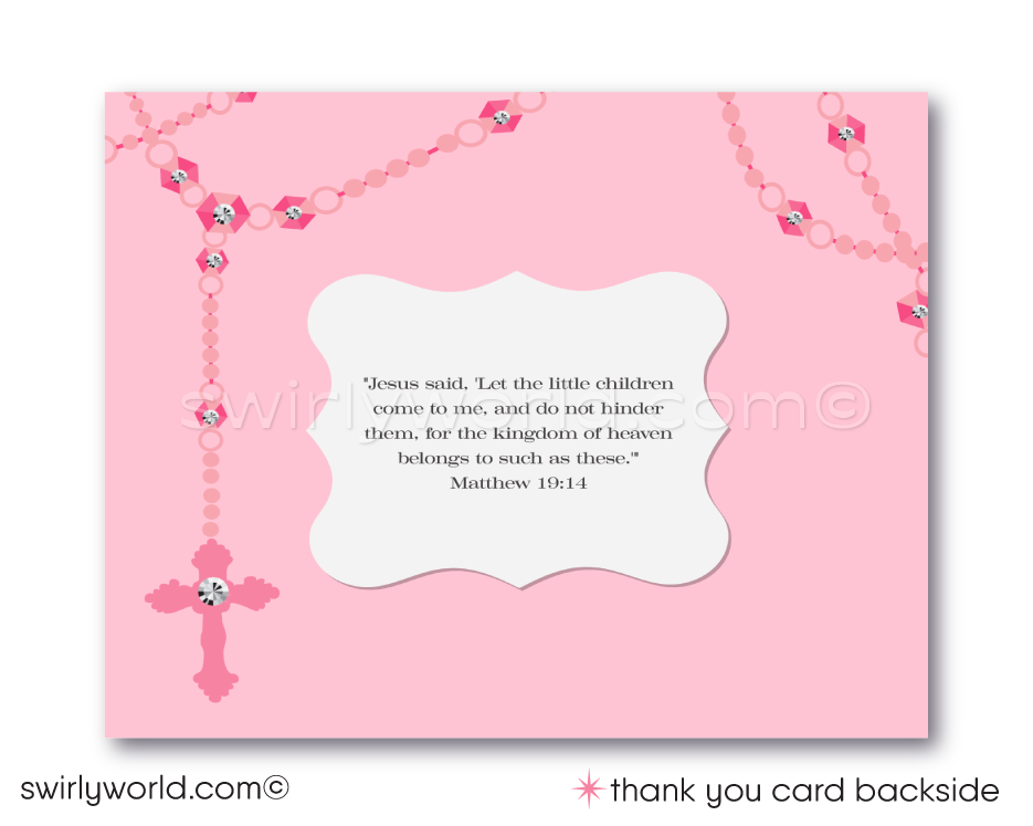 Celebrate your daughter's First Holy Communion, Baptism, Confirmation with our exquisite invitation set, featuring a delicate and meaningful design. Our printed set offers invitations, thank you cards, and matching envelopes, all adorned with a beautiful pink rosary cross necklace design.