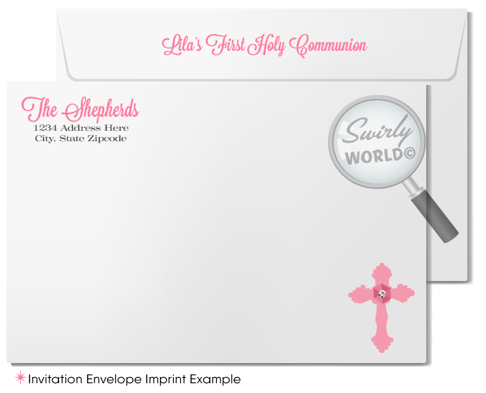Vintage Style Pink Rosary Cross First Holy Communion Invitation Set - Baptism & Confirmation
