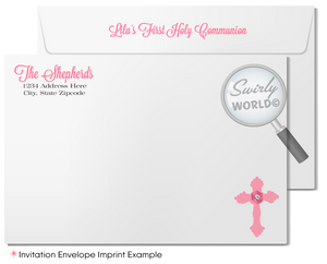 Vintage Style Pink Rosary Cross First Holy Communion Invitation Set - Baptism & Confirmation