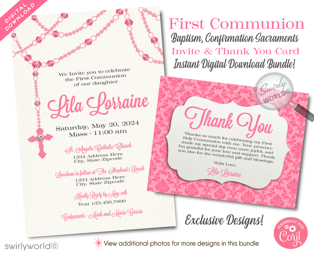Celebrate your daughter's First Holy Communion, Baptism, or Confirmation with our exquisite digital downloadable invitation set, featuring a delicate and meaningful design. Our digital Communion set offers invitations, thank you cards, and matching envelopes, all adorned with a beautiful pink rosary cross necklace design.