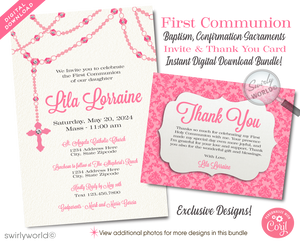 Celebrate your daughter's First Holy Communion, Baptism, or Confirmation with our exquisite digital downloadable invitation set, featuring a delicate and meaningful design. Our digital Communion set offers invitations, thank you cards, and matching envelopes, all adorned with a beautiful pink rosary cross necklace design.