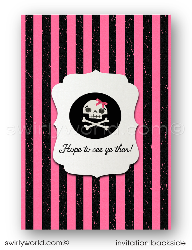 Princess Pirate Birthday Party Invitation Set – Pink & Black Nautical Theme with Custom Girl Pirate