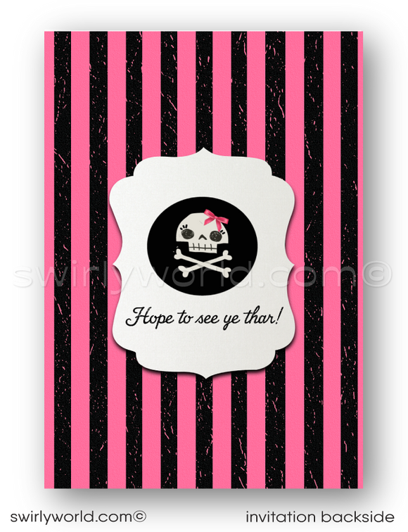Celebrate with our Princess Pirate Birthday Invitations! Custom girl pirate, pink & black ship design, matching thank you cards & envelopes. Editable & fun!