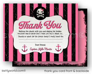 Princess Pirate Birthday Party Invitation Set – Pink & Black Nautical Theme with Custom Girl Pirate
