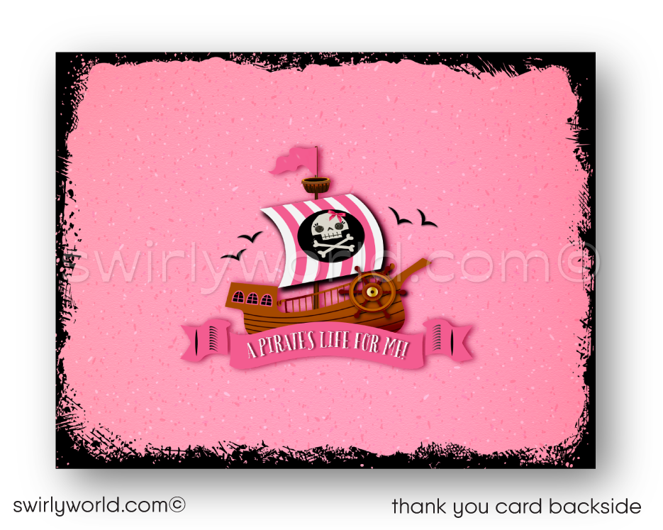 Princess Pirate Birthday Party Invitation Set – Pink & Black Nautical Theme with Custom Girl Pirate