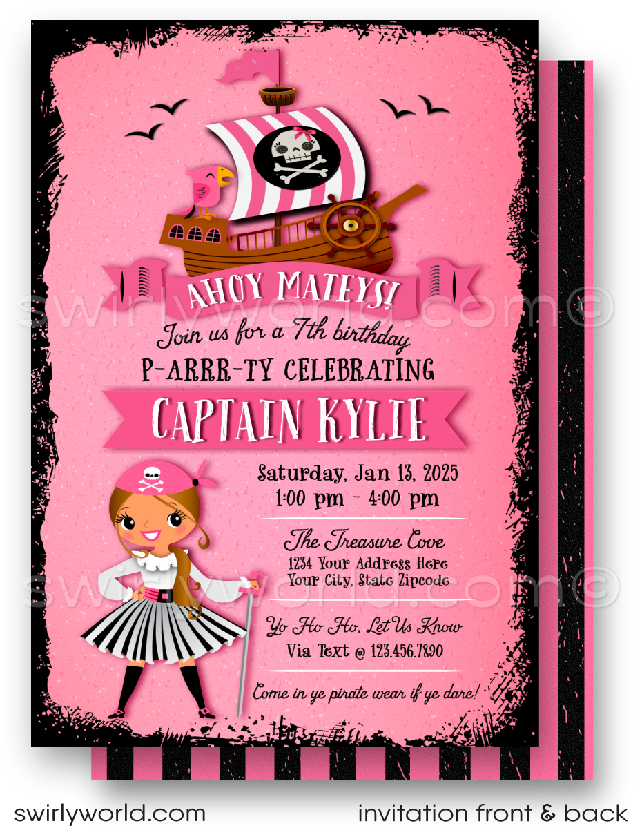 Celebrate with our Princess Pirate Birthday Invitations! Custom girl pirate, pink & black ship design, matching thank you cards & envelopes. Editable & fun!