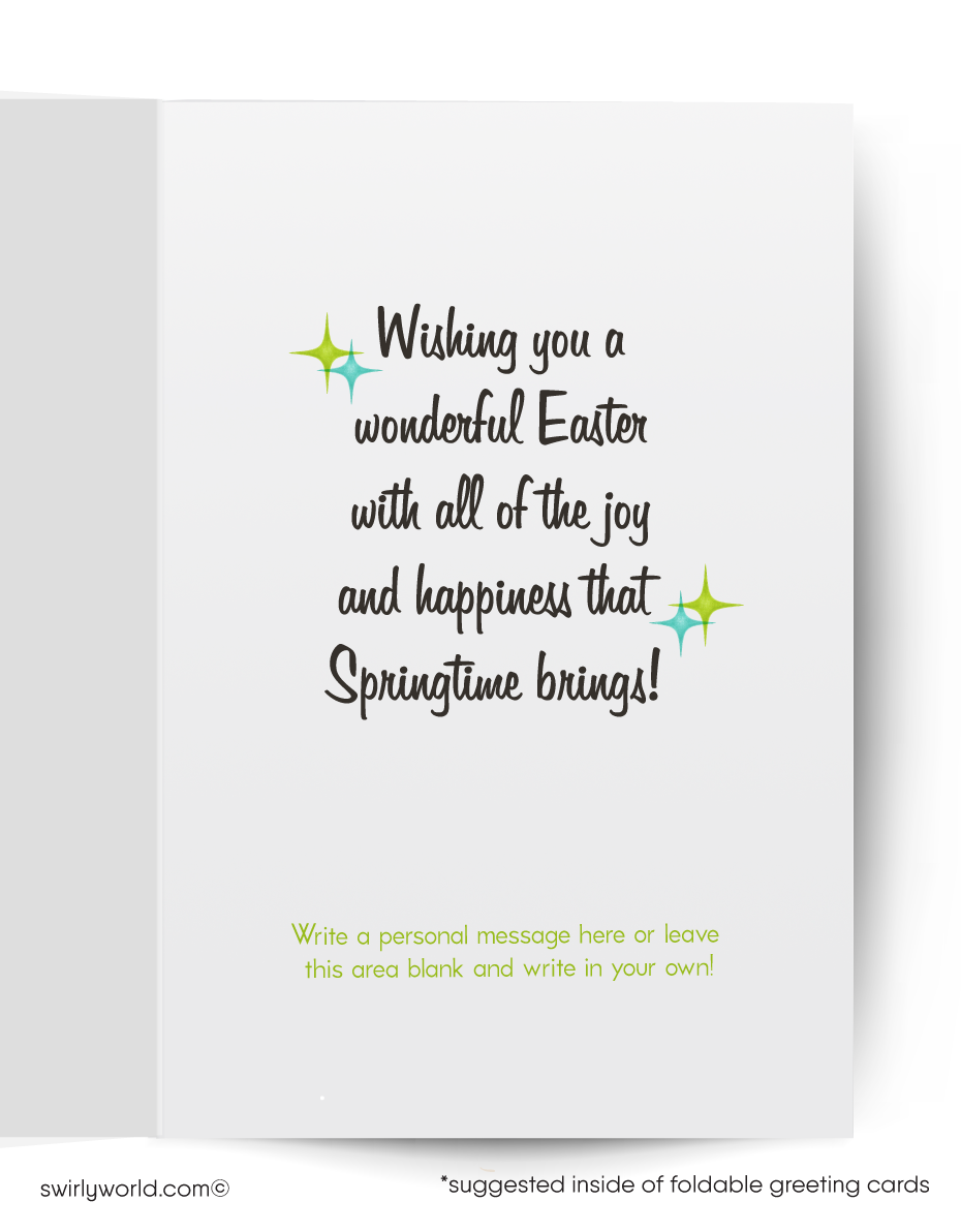 Greeting card with a cartoon rabbit wearing a bow tie on a green and blue background