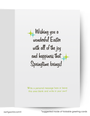 Easter greeting card with text and decorative elements on a white background