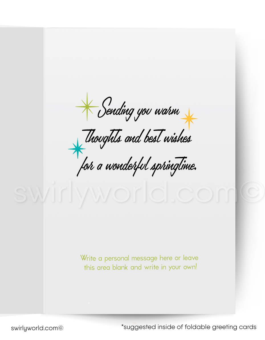 Vintage-style Easter card with a bunny peeking out from an envelope on a yellow background.