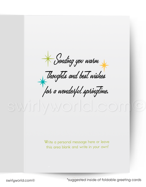 Foldable greeting card with text 'Sending you warm thoughts and best wishes for a wonderful springtime.' on a white background.