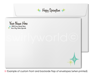 Customized front and backside flap of envelopes with 'Happy Springtime' text and star designs.