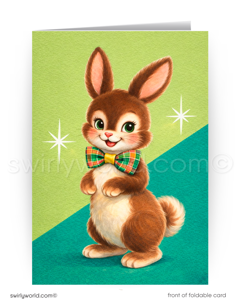 Greeting card with a cartoon rabbit wearing a bow tie on a green and blue background