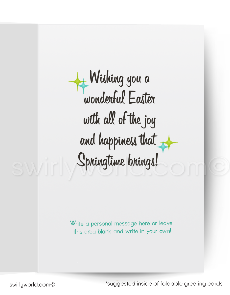 Vintage-style greeting card with a rabbit in a top hat and monocle on a blue background.