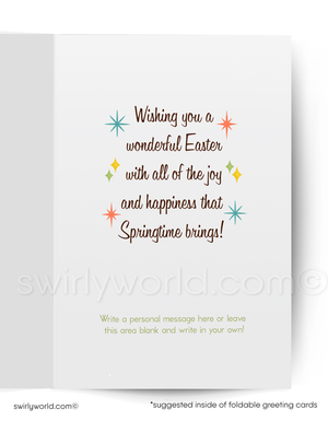 Easter greeting card with colorful text and stars on a white background