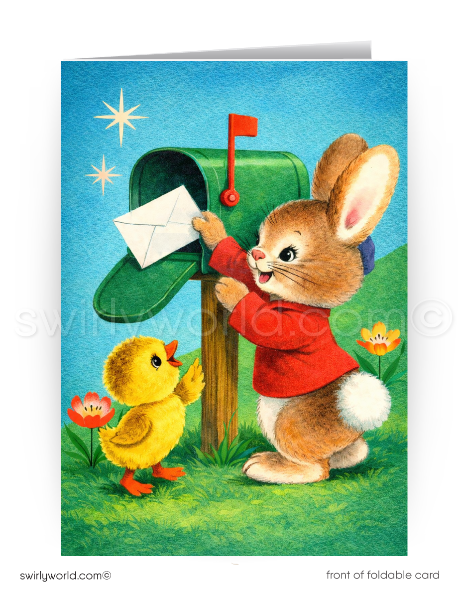 Greeting card with a rabbit and duck by a mailbox