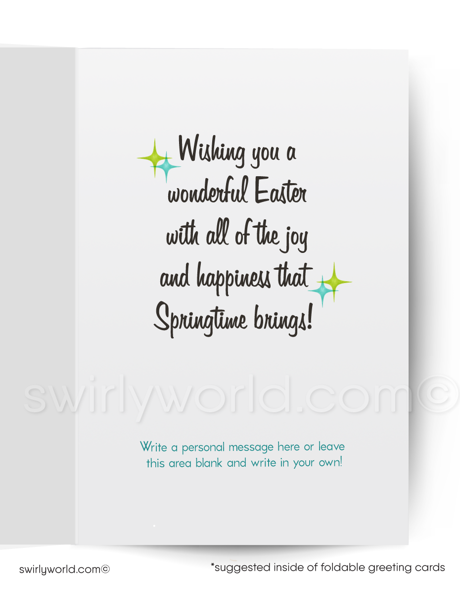 Vintage-style greeting card with a rabbit character in a top hat and suit on a blue and green background.