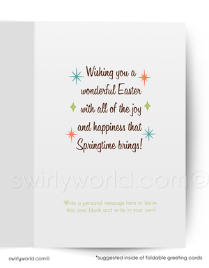 Easter greeting card with colorful text and decorative elements on a white background.