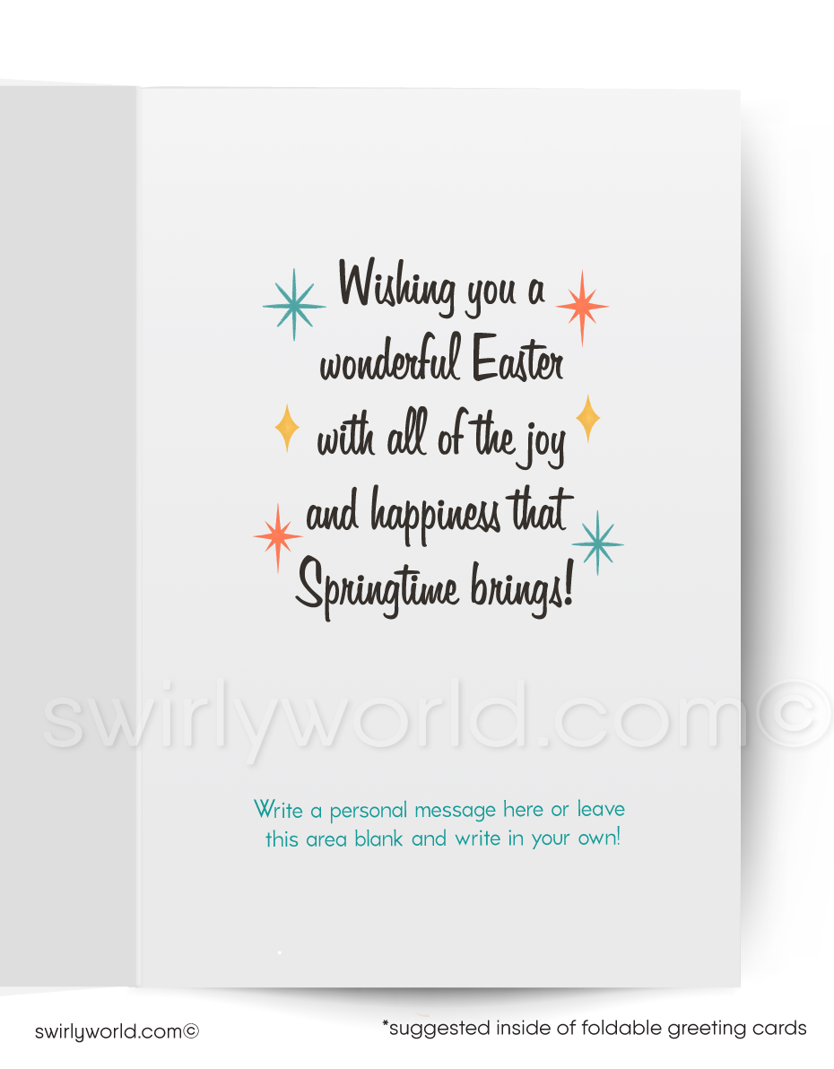 Vintage-style Easter card with a bunny holding a basket of eggs on a blue background.