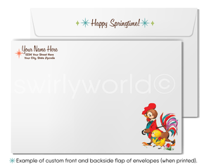 Envelopes with a rooster design and 'Happy Springtime!' text on the flap.