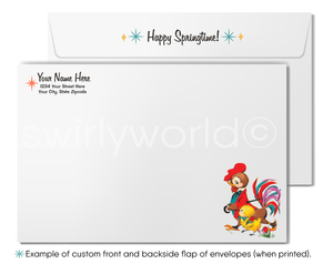 Envelopes with a rooster design and 'Happy Springtime!' text on a white background