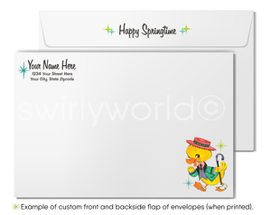 Envelopes with a cartoon duck and 'Happy Springtime' text on a white background