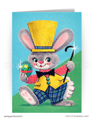 Vintage-style greeting card with a rabbit character in a top hat and suit on a blue and green background.