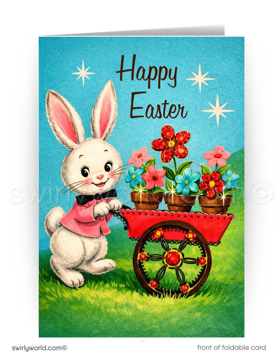 Easter card with a bunny pushing a cart of flowers against a blue sky.