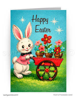 Easter card with a bunny pushing a cart of flowers against a blue sky.