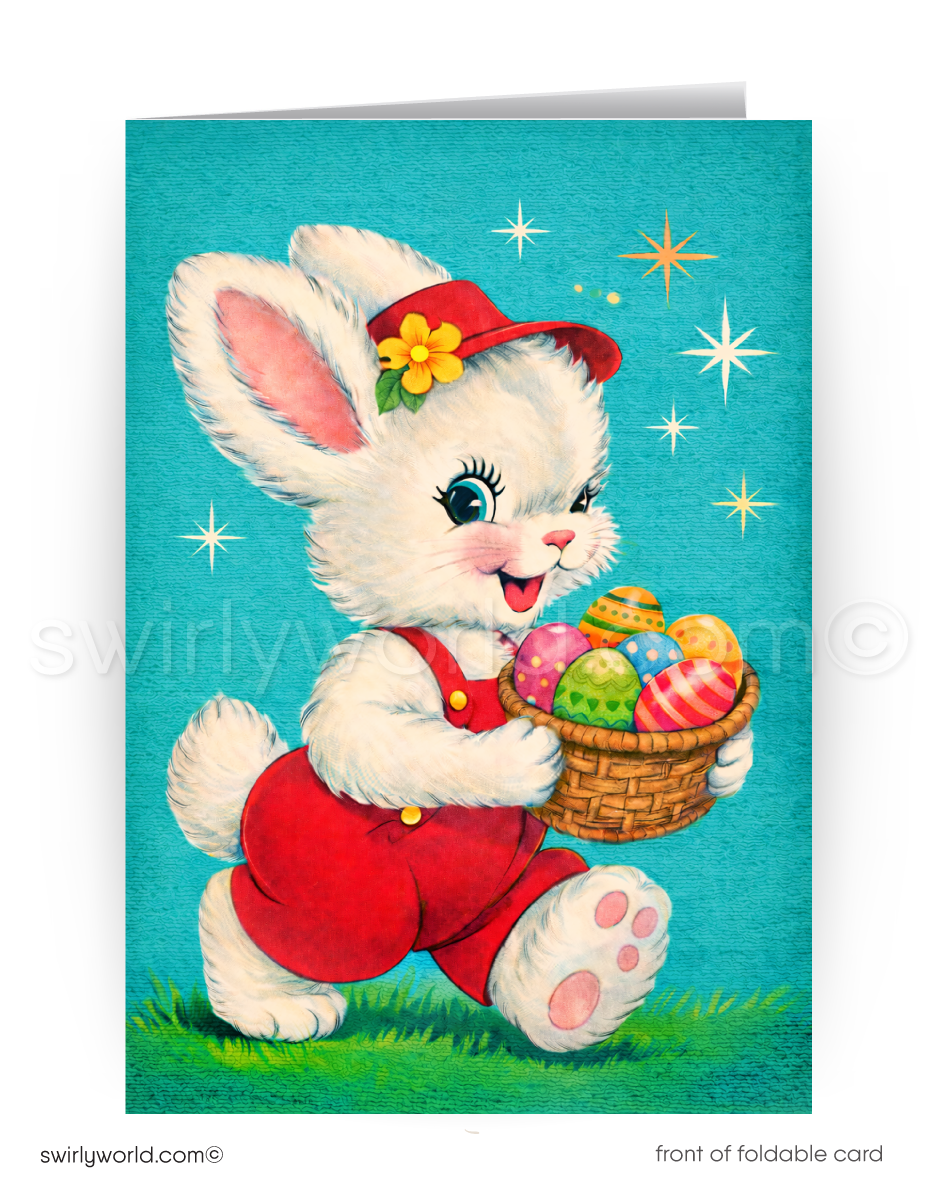 Vintage-style Easter card with a bunny holding a basket of eggs on a blue background.