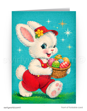 Vintage-style Easter card with a bunny holding a basket of eggs on a blue background.