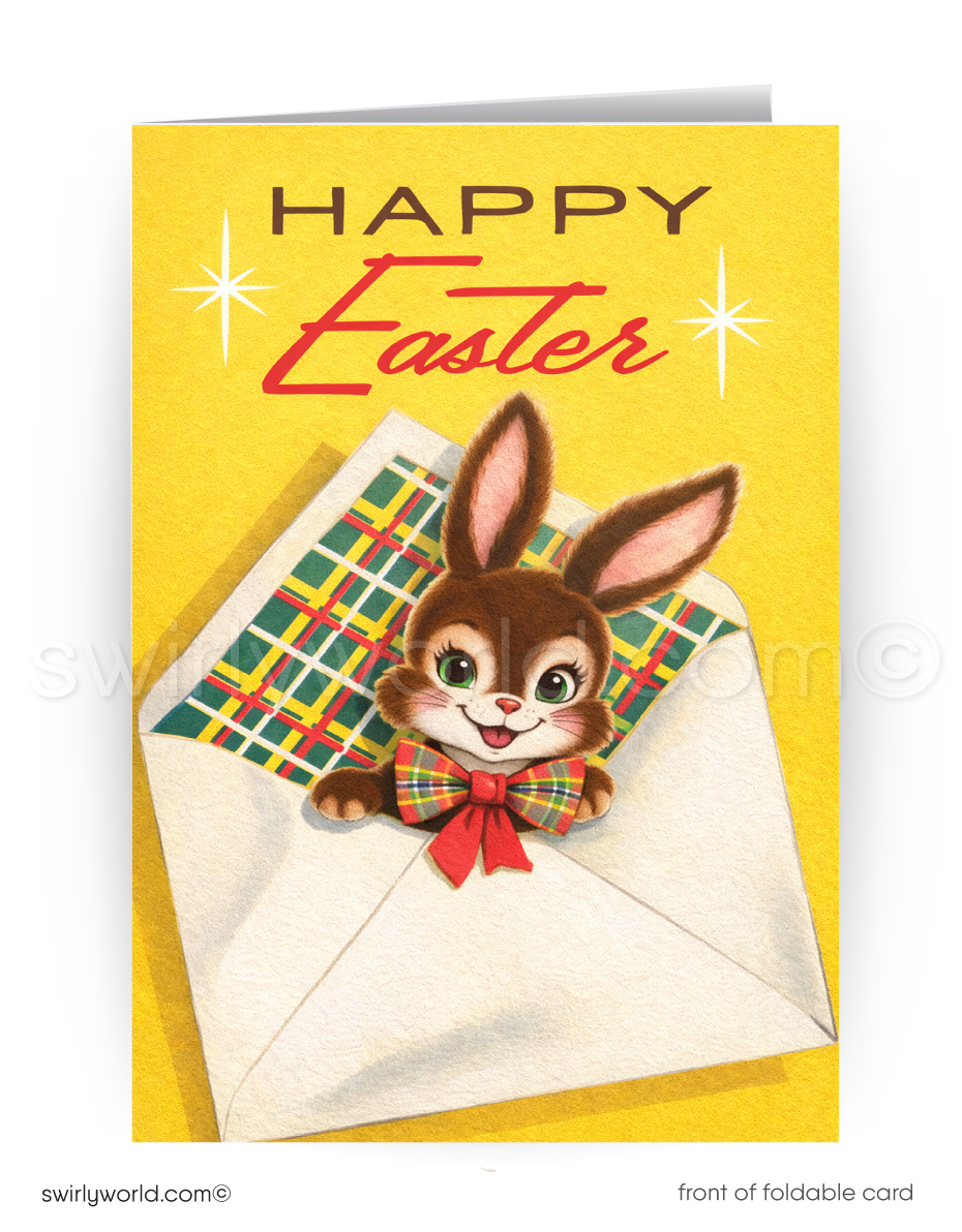 Vintage-style Easter card with a bunny peeking out from an envelope on a yellow background.