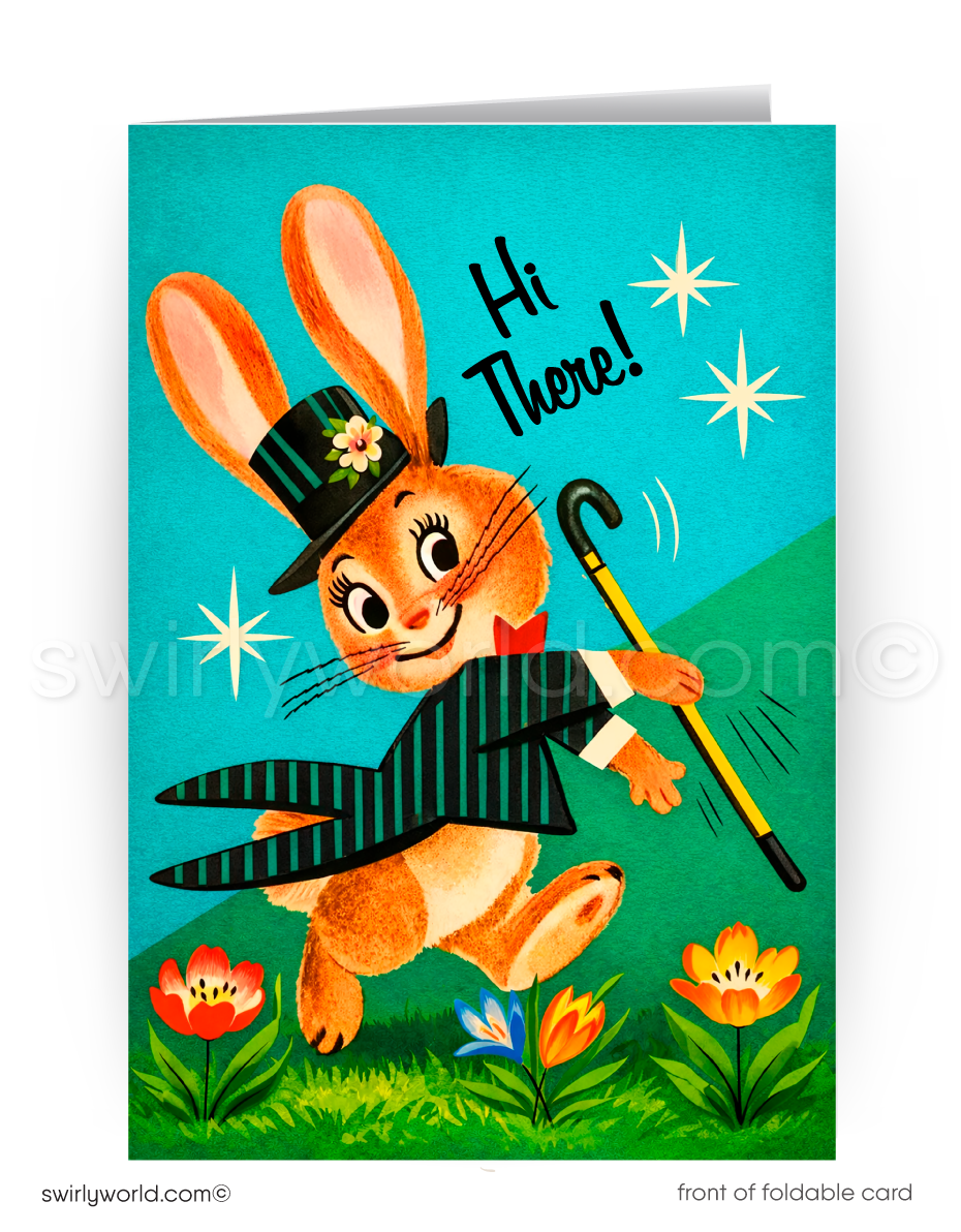 Vintage-style greeting card with a rabbit in a top hat and monocle on a blue background.