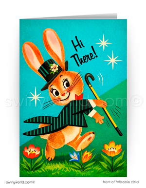 Vintage-style greeting card with a rabbit in a top hat and monocle on a blue background.