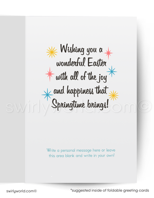 Easter greeting card with colorful stars and text on a white background