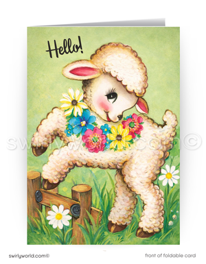 Greeting card with a cartoon lamb holding flowers and the word 'Hello!' on a green background.