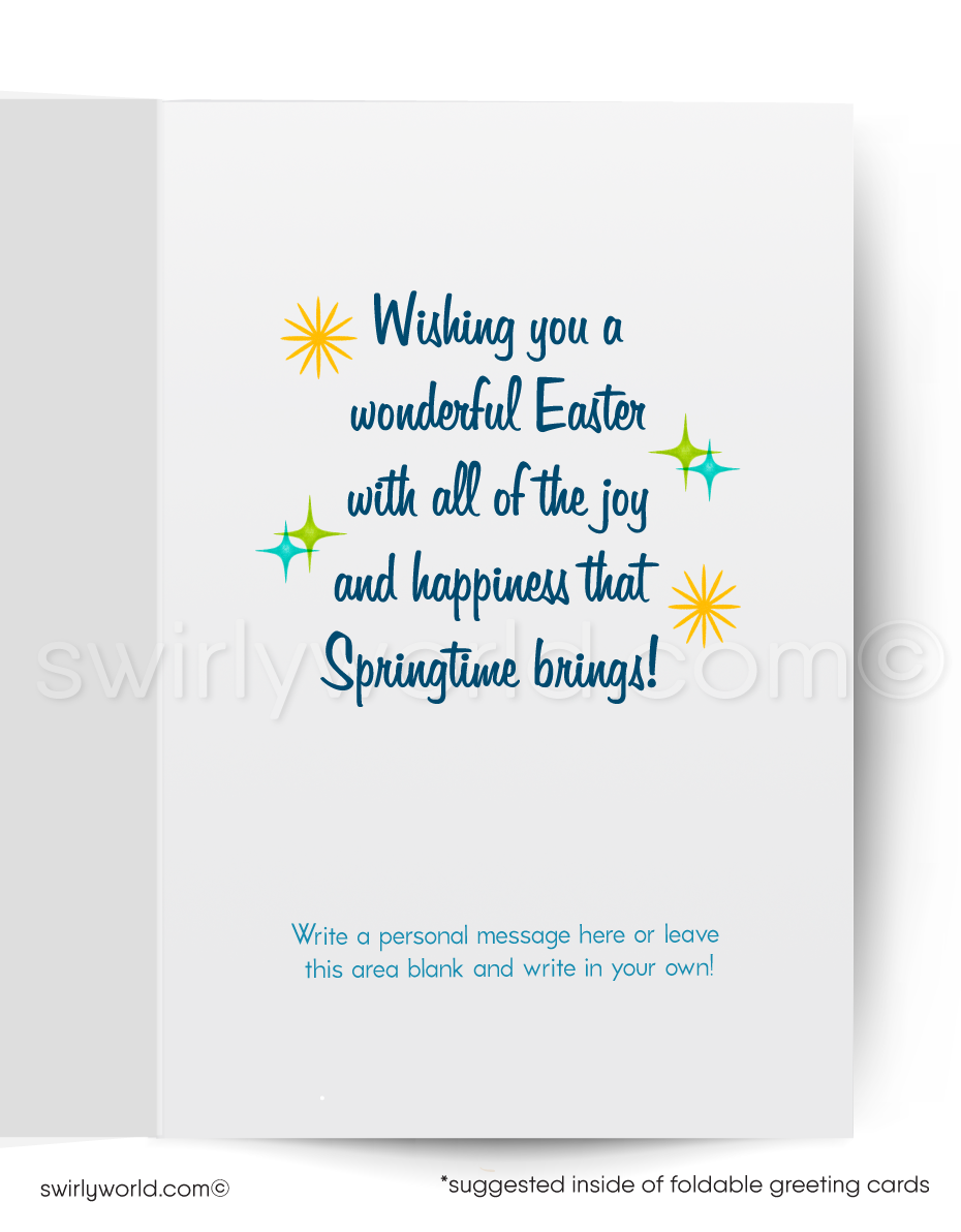 Vintage-style Easter card with a bunny holding an egg featuring a chick, on a blue background.