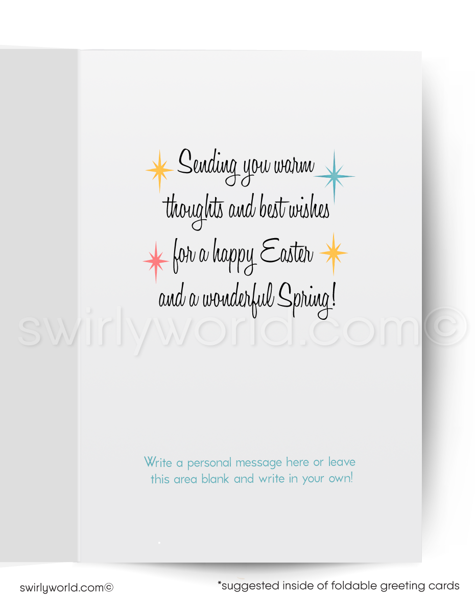 Easter card with a bunny painting an egg on a yellow background