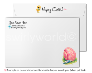 Easter-themed envelope with a chick and egg design, featuring customizable text.