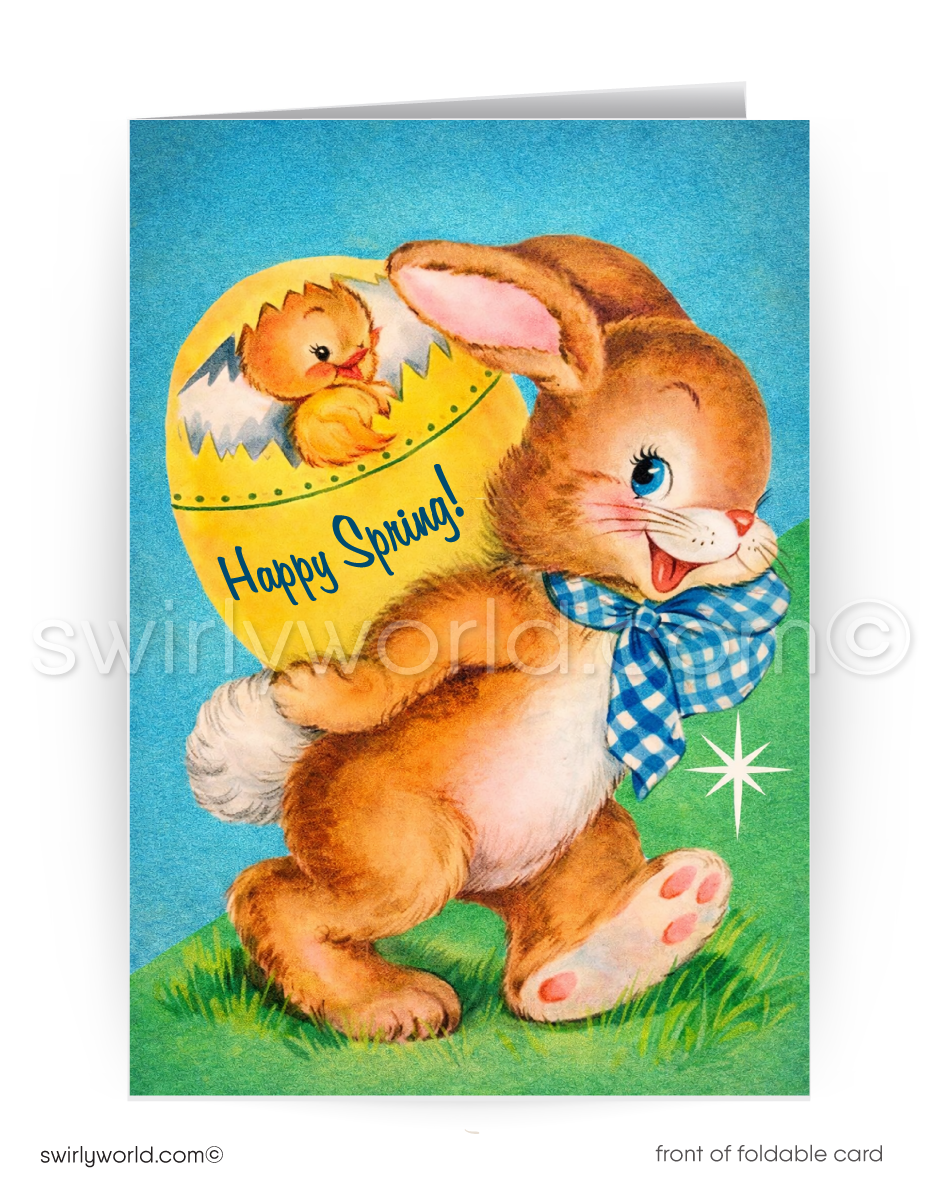 Vintage-style Easter card with a bunny holding an egg featuring a chick, on a blue background.